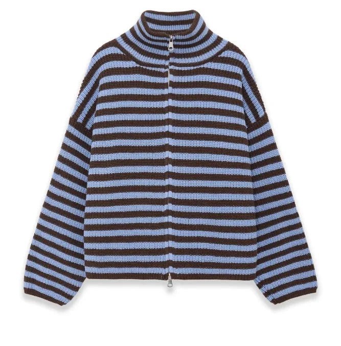 OLANE Striped High Neck Zip-Up Cardigan Red StripesLCardigan