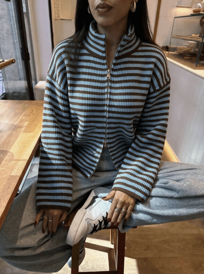 OLANE Striped Mock Neck Cardigan BlueLWomen's Sweaters & Cardigans