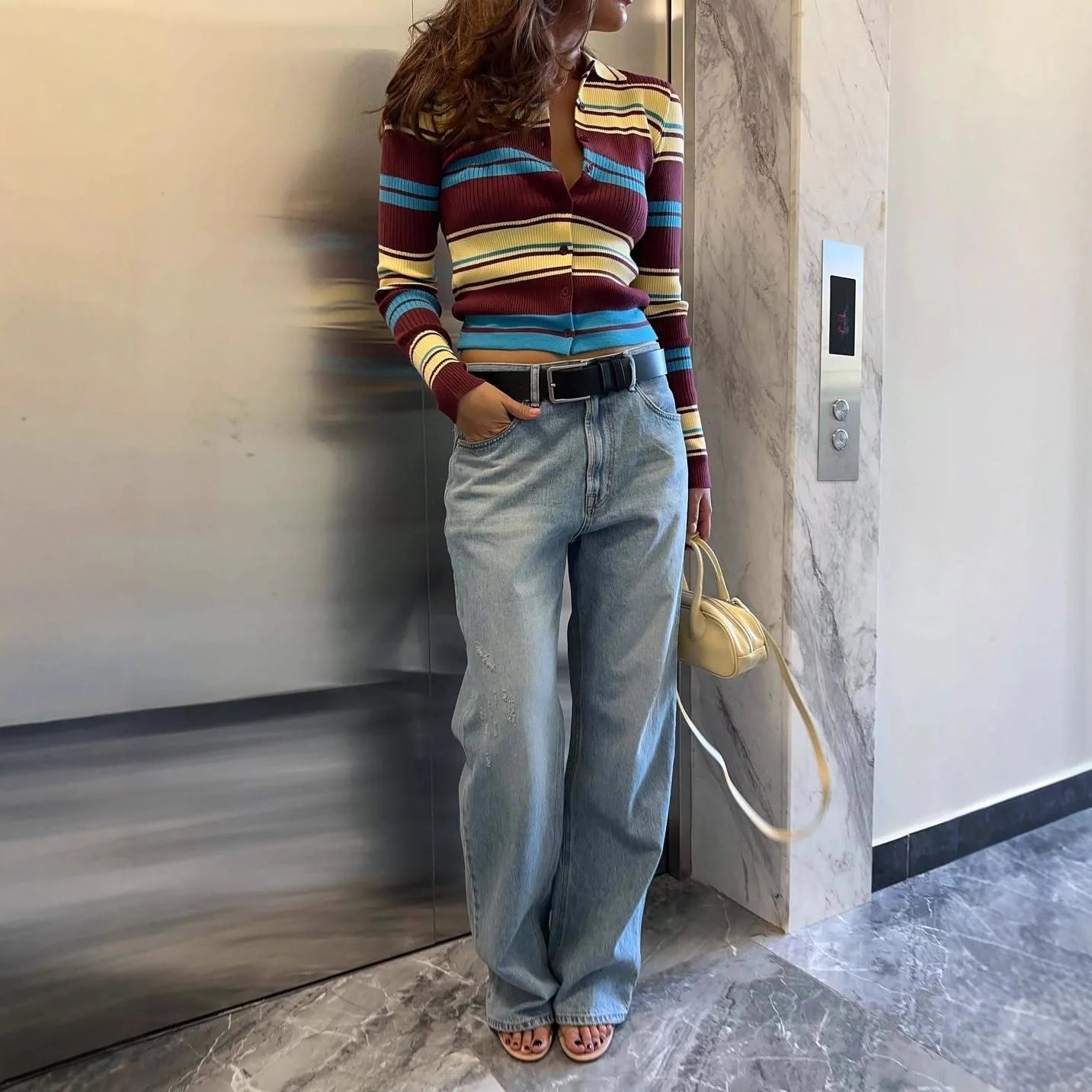 OLANE Striped Single-Breasted Knit Cardigan SWomen's Sweaters & Cardigans