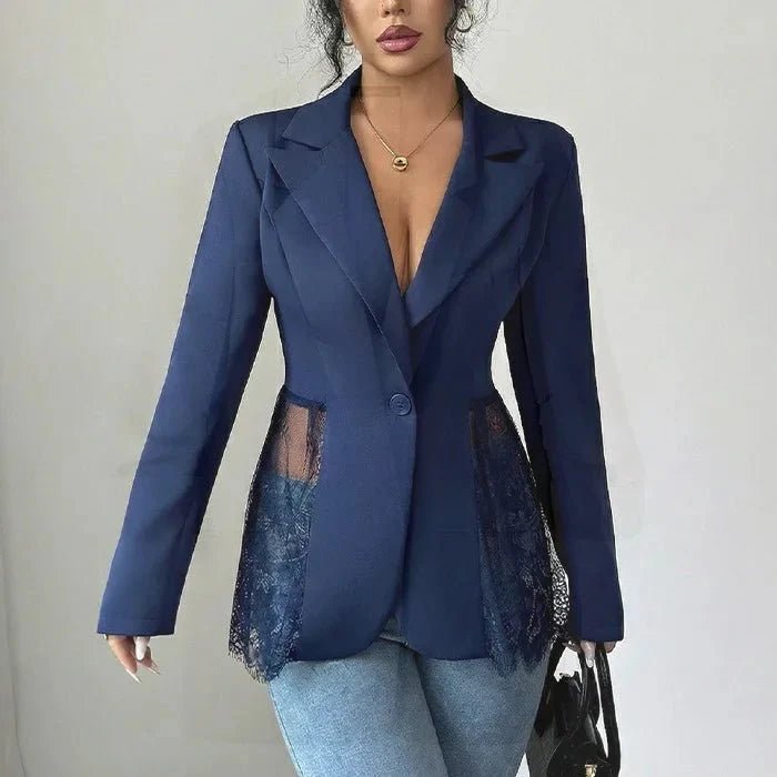 OLANE Structured Lace Panel Tailored Blazer Navy BlueSWomen's Coats & Jackets