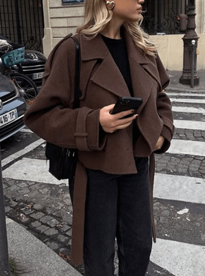 OLANE Stylish Belted High Collared Coat BrownSWomen's Coats & Jackets