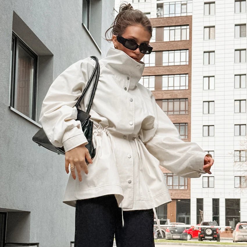OLANE Stylish Contrast Collar Windbreaker Jacket BeigeLWomen's Coats & Jackets