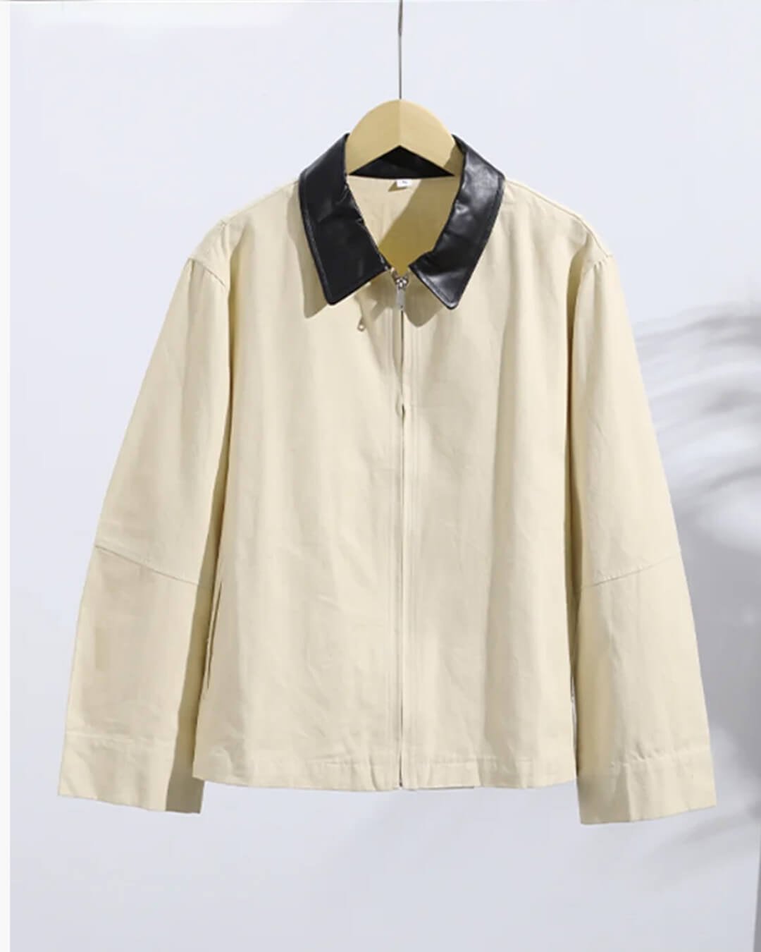 OLANE Stylish Contrast Collar Zip-Up Jacket BeigeMJacket