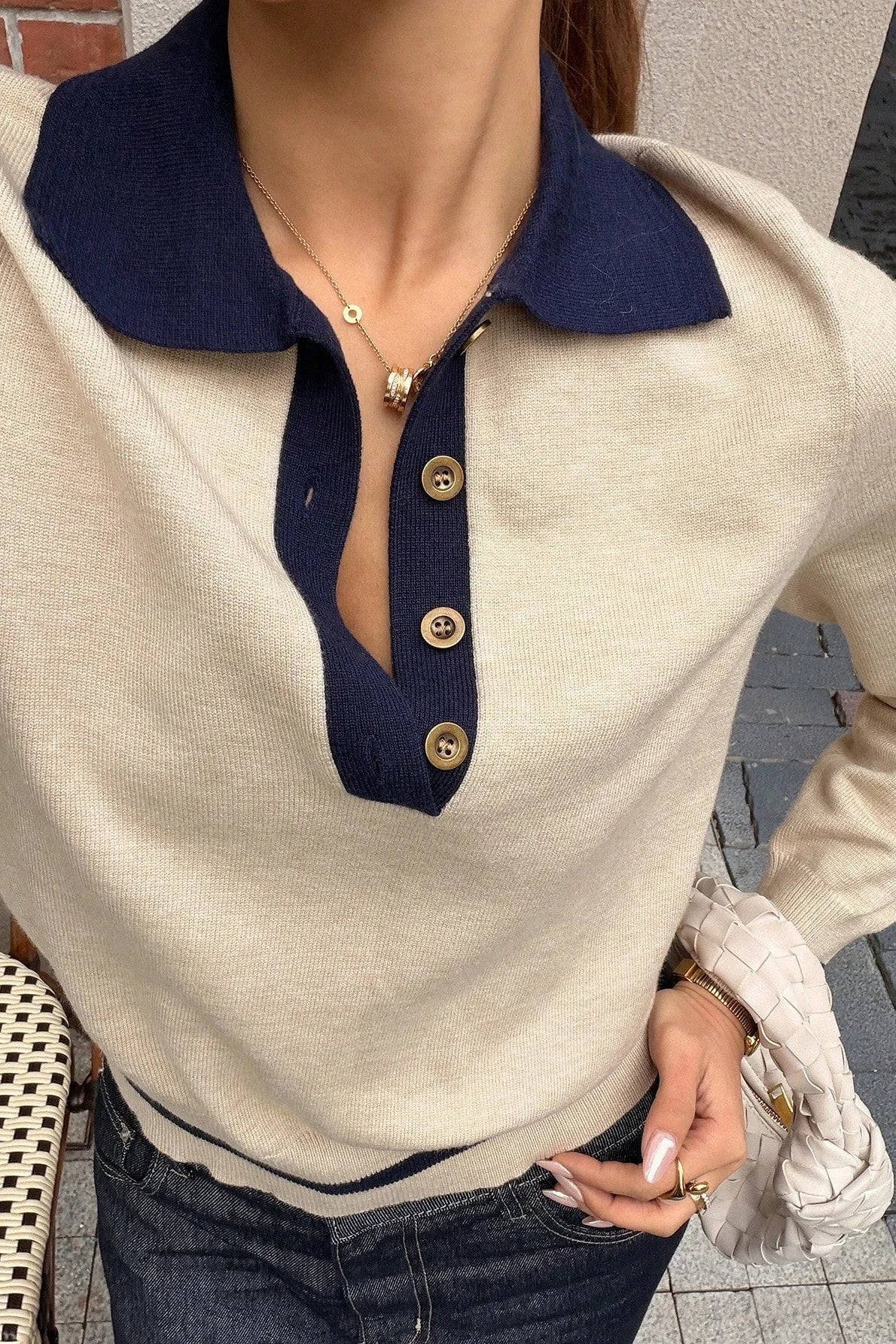 OLANE Stylish Contrast Knit Polo Sweater KhakiSWomen's Sweaters & Cardigans