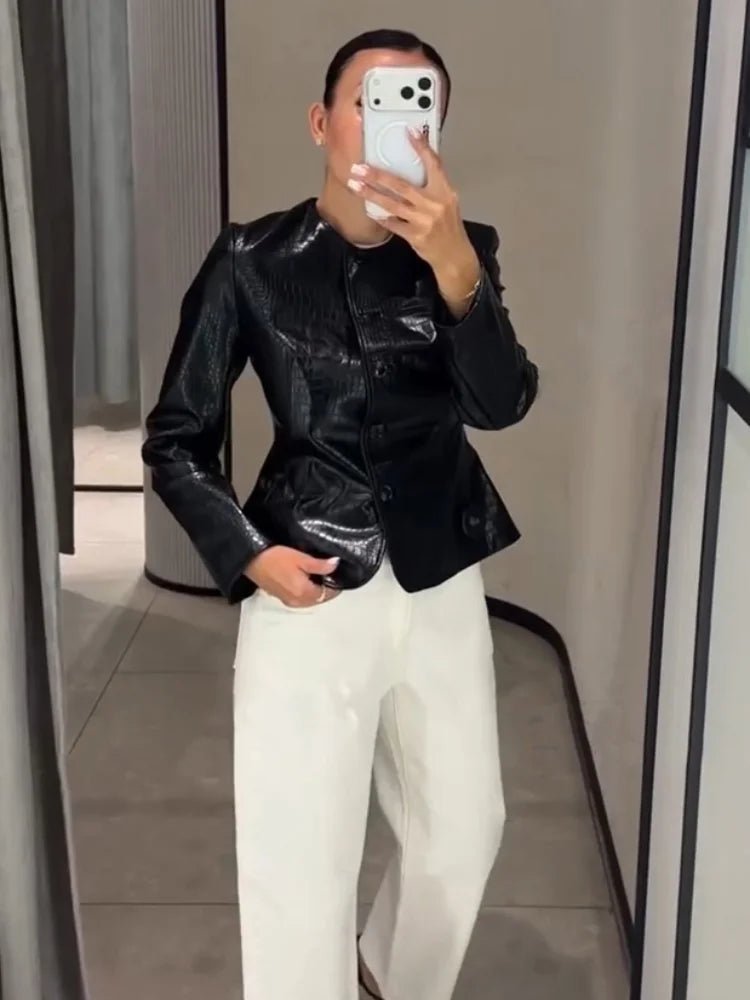 OLANE Stylish Croc Embossed Faux Leather Jacket BlackMWomen's Coats & Jackets