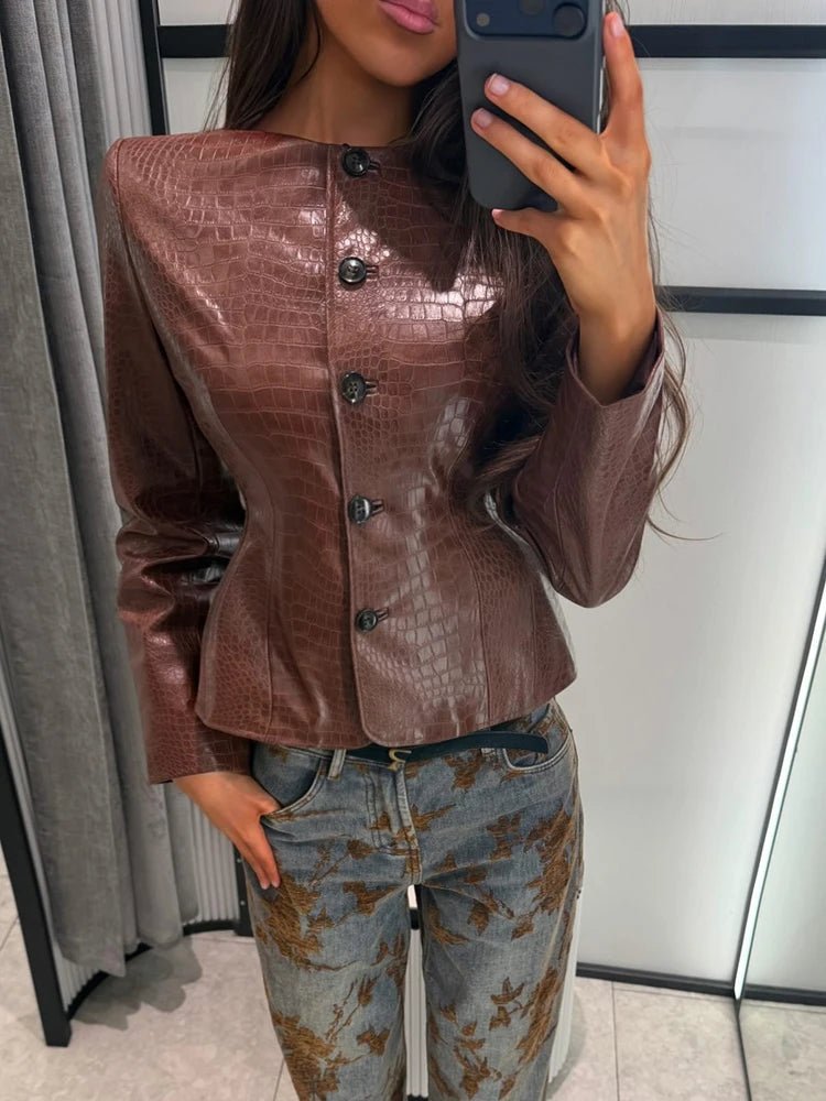 OLANE Stylish Croc Embossed Faux Leather Jacket BrownLWomen's Coats & Jackets