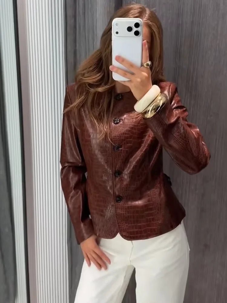 OLANE Stylish Croc Embossed Faux Leather Jacket BrownMWomen's Coats & Jackets