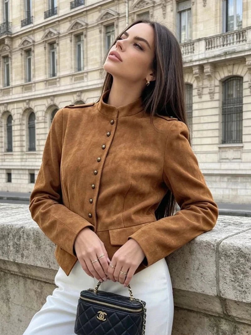 OLANE Stylish Faux Suede Button Cropped Coat BrownMWomen's Coats & Jackets
