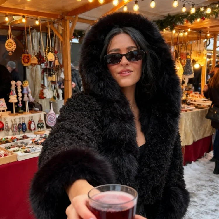 OLANE Stylish Fluffy Hooded Faux Fur Jacket BlackSWomen's Coats & Jackets