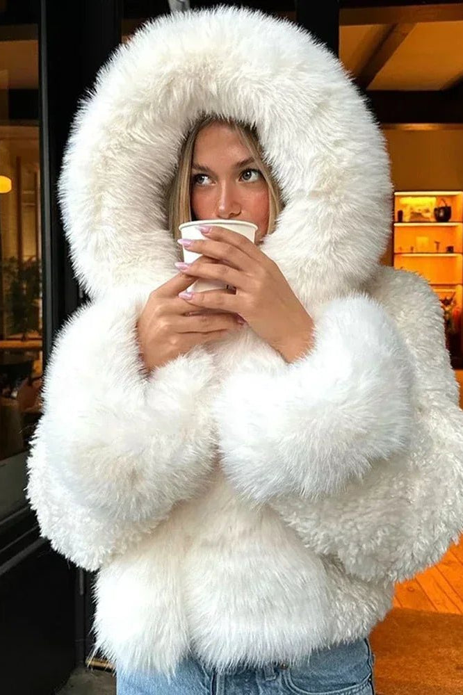 OLANE Stylish Fluffy Hooded Faux Fur Jacket WhiteSWomen's Coats & Jackets