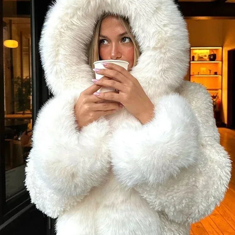 OLANE Stylish Fluffy Hooded Faux Fur Jacket WhiteSWomen's Coats & Jackets