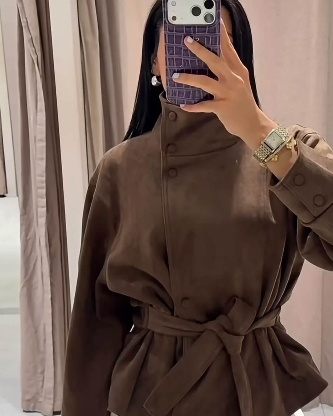 OLANE Stylish Funnel Faux Suede Trench Coat BrownMWomen's Coats & Jackets