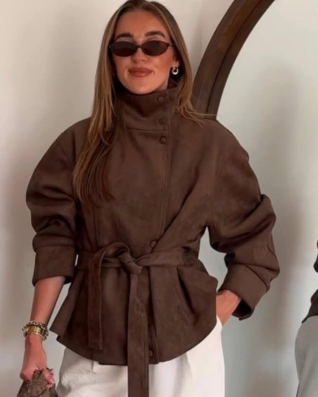 OLANE Stylish Funnel Faux Suede Trench Coat BrownSWomen's Coats & Jackets