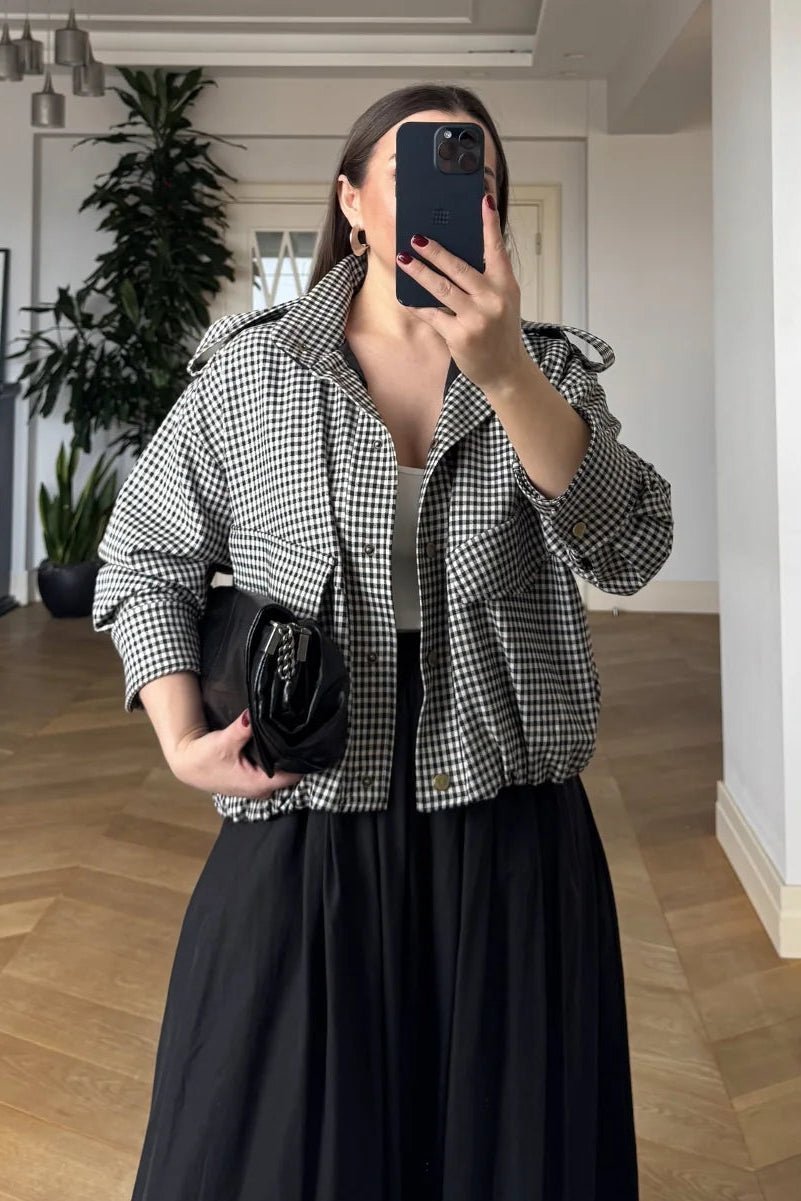 OLANE Stylish High Neck Checked Bomber Jacket LWomen's Coats & Jackets
