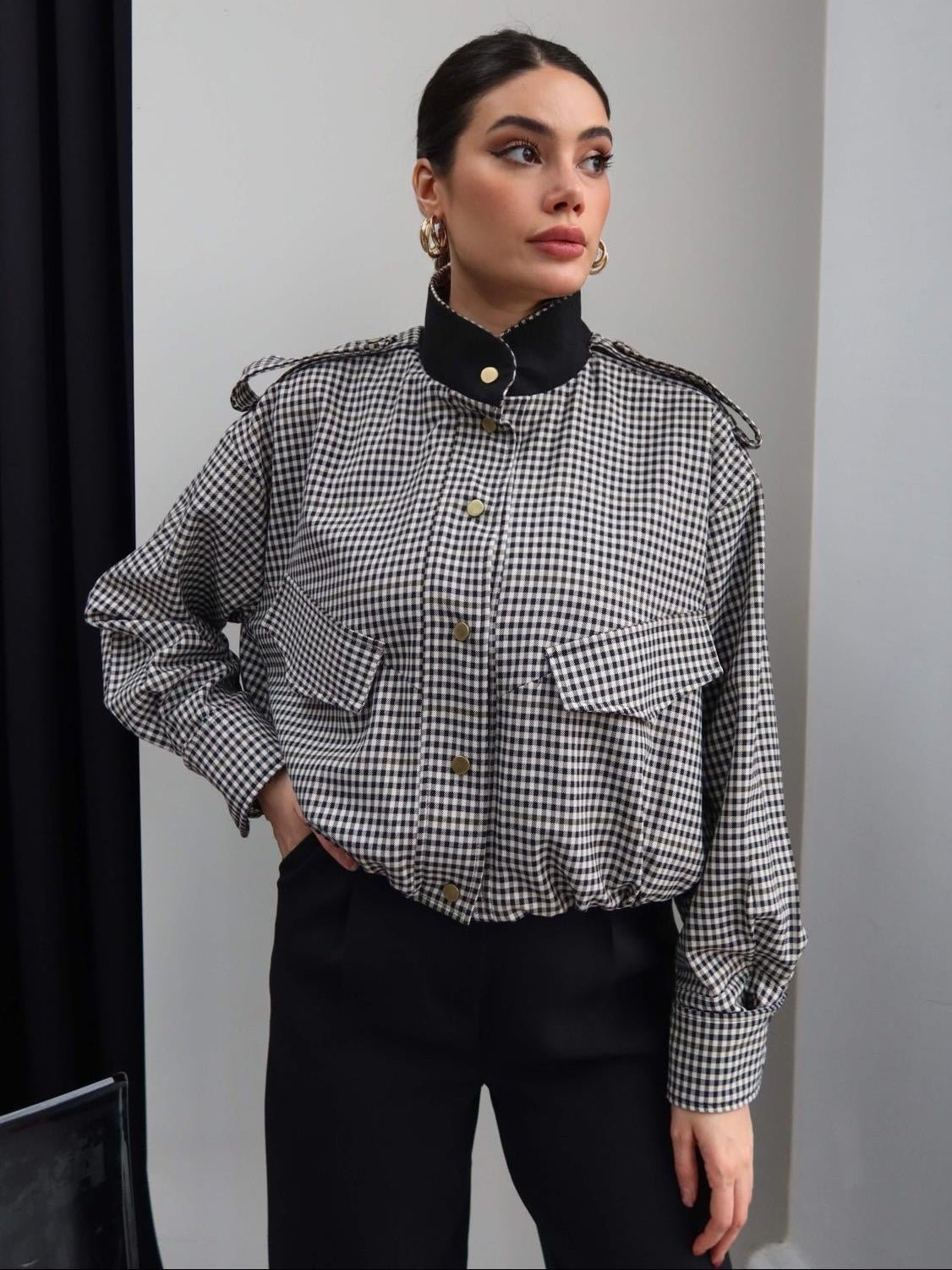 OLANE Stylish High Neck Checked Bomber Jacket MWomen's Coats & Jackets