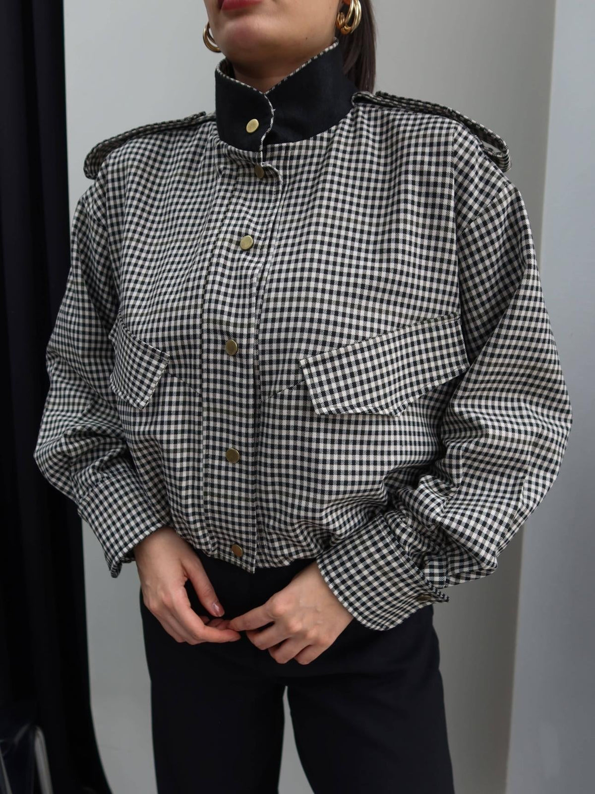 OLANE Stylish High Neck Checked Bomber Jacket MWomen's Coats & Jackets