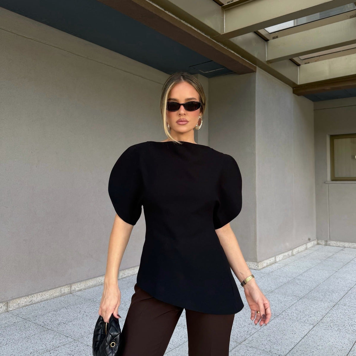 OLANE Stylish Tricot Balloon Sleeve Top BlackSWomen’s Tops