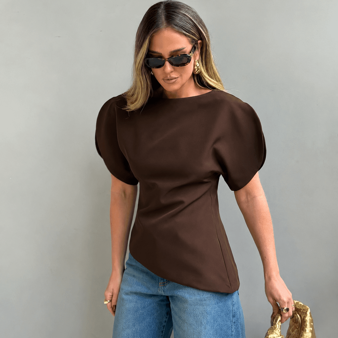 OLANE Stylish Tricot Balloon Sleeve Top BrownSWomen’s Tops