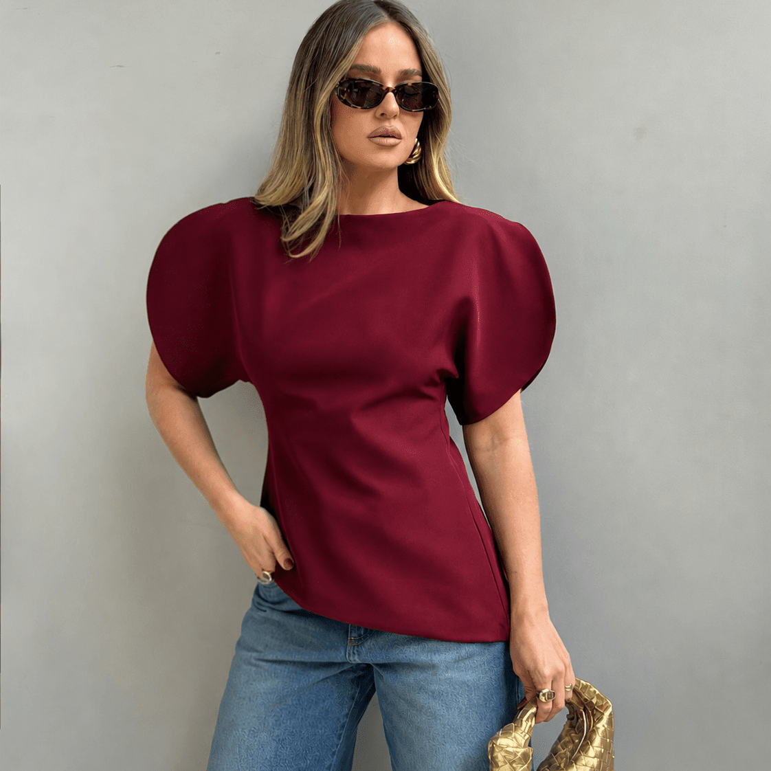 OLANE Stylish Tricot Balloon Sleeve Top Taupe BrownSWomen’s Tops