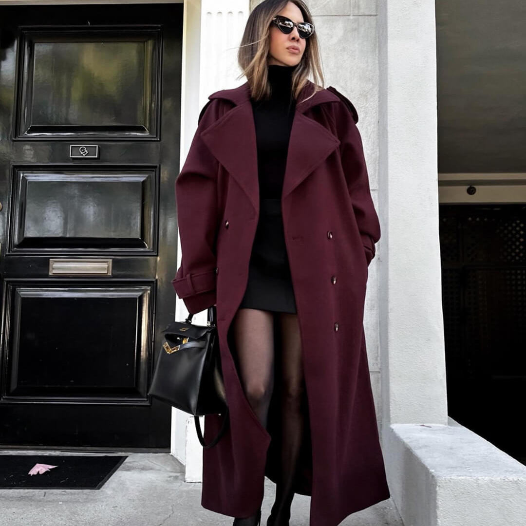 OLANE Stylish V-Neck Autumn Winter Coat BurgundySWomen's Coats & Jackets