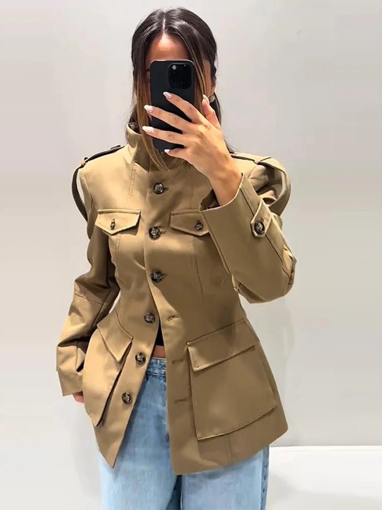OLANE Tailored Stand Collar Utility Jacket BeigeMJacket