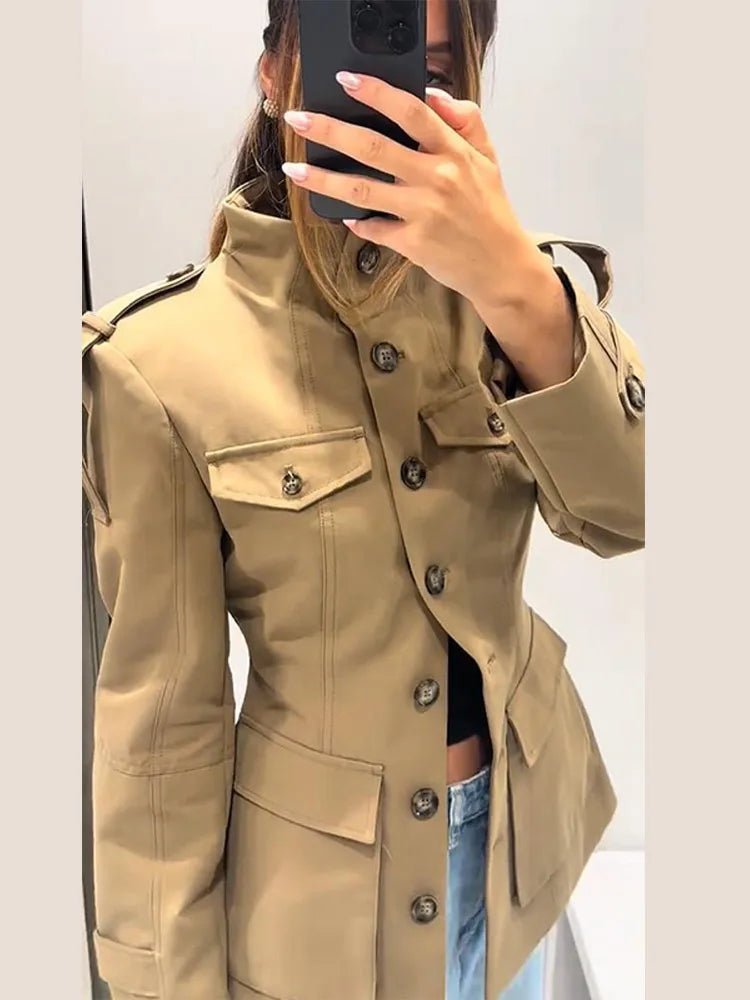 OLANE Tailored Stand Collar Utility Jacket BeigeMJacket