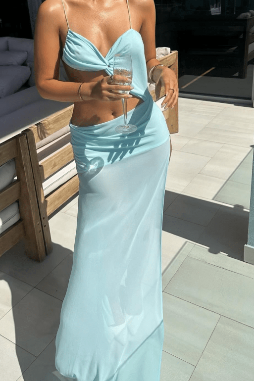 OLANE Twist Cut Out High Slit Maxi Dress BlueSWomen's Dresses