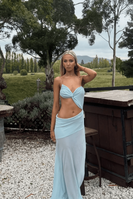 OLANE Twist Cut Out High Slit Maxi Dress BlueXSWomen's Dresses