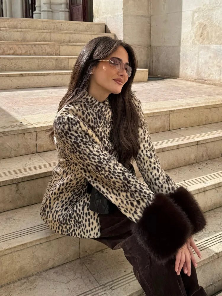 OLANE Vintage Dark Contrast Cuff Faux Fur Jacket BrownLWomen's Coats & Jackets