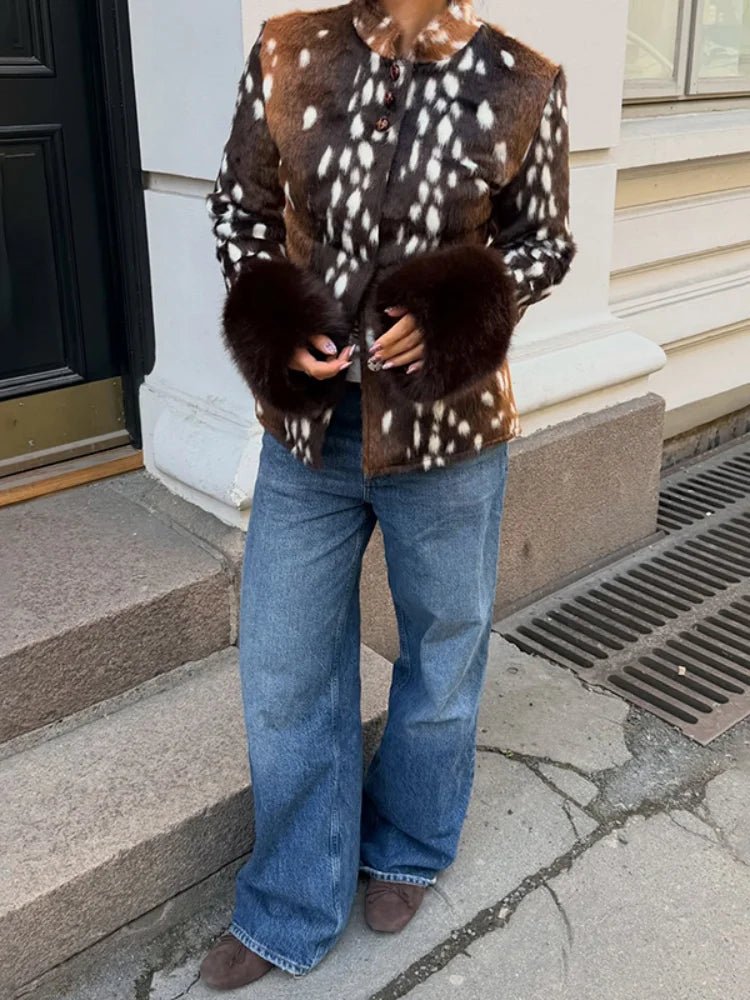OLANE Vintage Dark Contrast Cuff Faux Fur Jacket BrownLWomen's Coats & Jackets