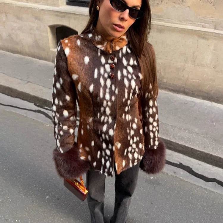 OLANE Vintage Dark Contrast Cuff Faux Fur Jacket BrownSWomen's Coats & Jackets