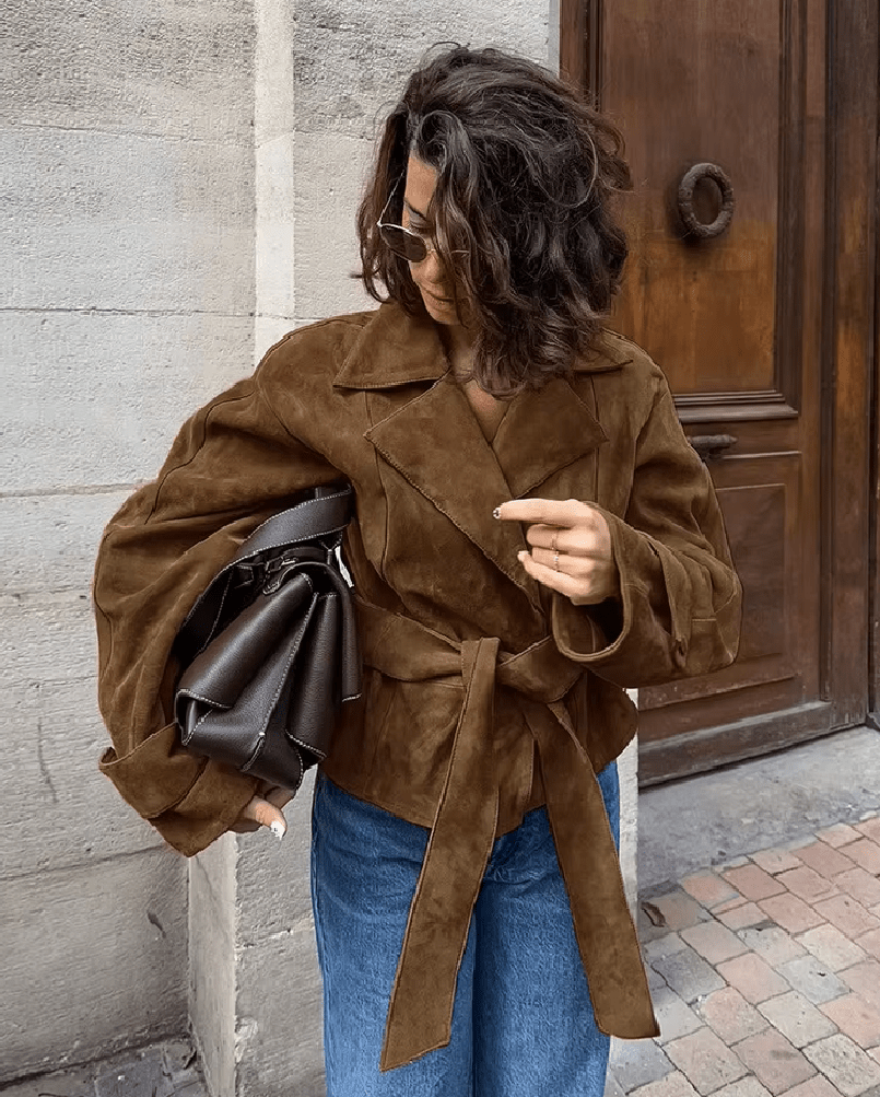 OLANE Vintage Faux Suede Belted Wrap Jacket BrownMWomen's Coats & Jackets