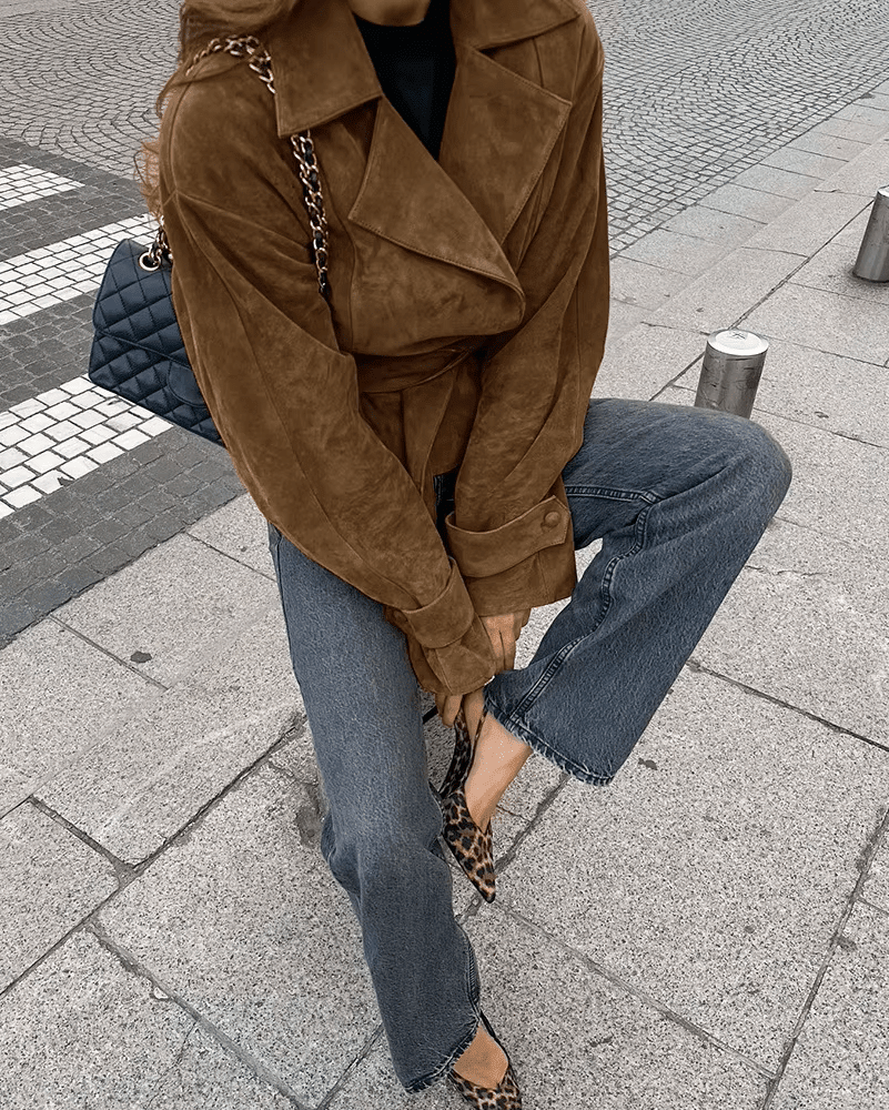 OLANE Vintage Faux Suede Belted Wrap Jacket BrownMWomen's Coats & Jackets