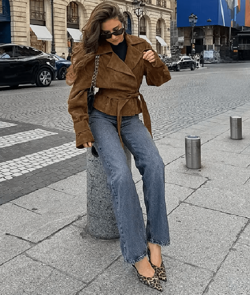 OLANE Vintage Faux Suede Belted Wrap Jacket BrownSWomen's Coats & Jackets