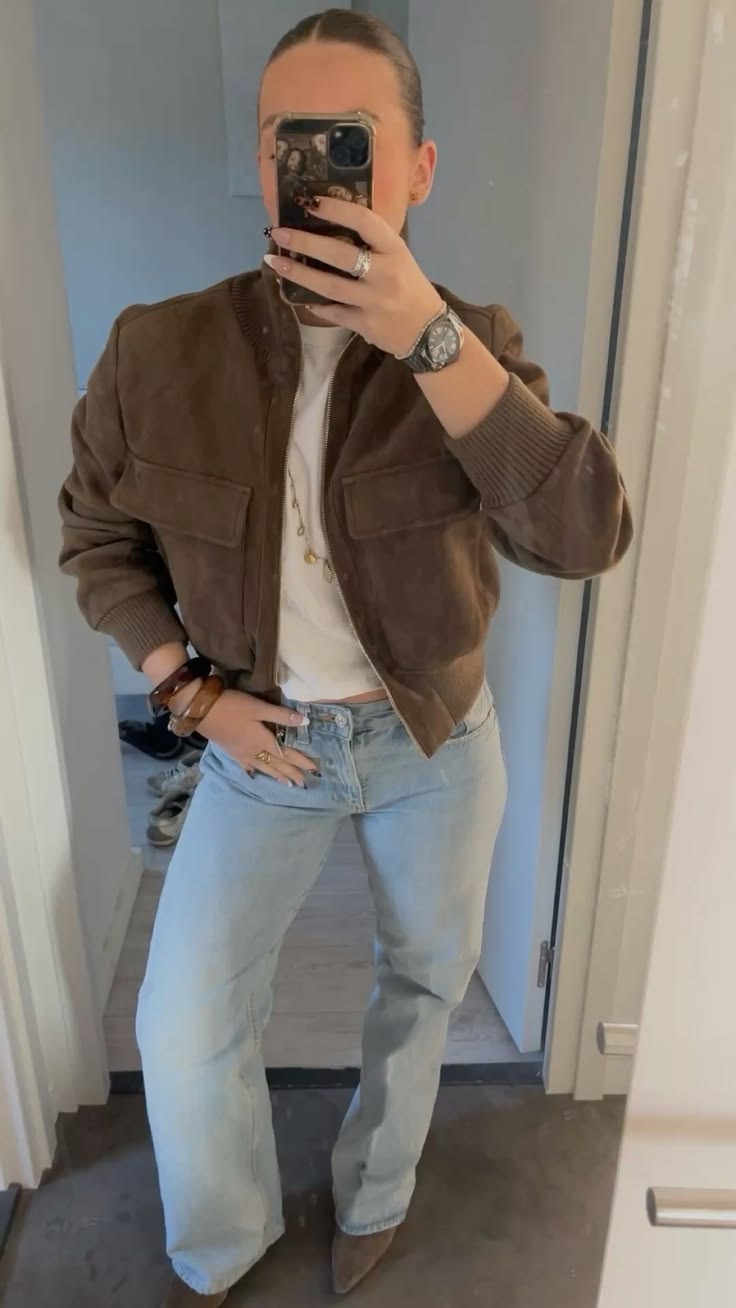 OLANE Vintage Faux Suede Bomber Jacket BrownXSWomen's Coats & Jackets