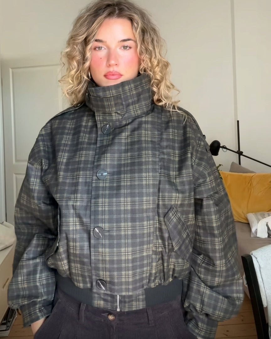 OLANE Vintage Plaid Stand Collar Bomber Jacket MJacket