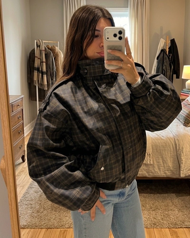 OLANE Vintage Plaid Stand Collar Bomber Jacket MJacket