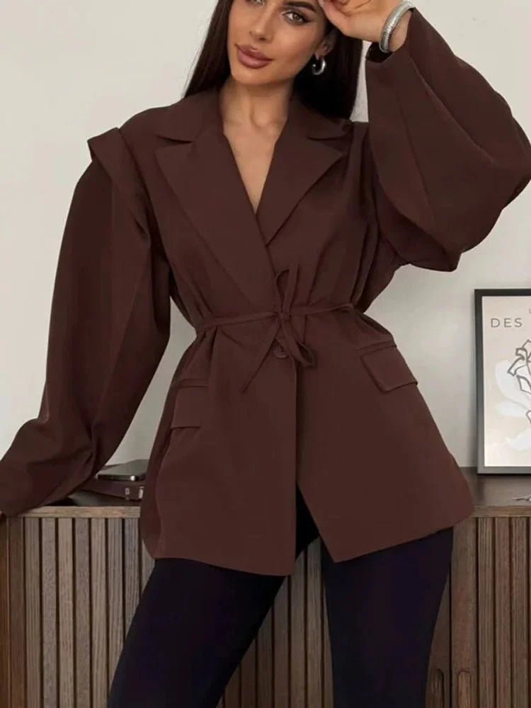 OLANE Wide Sleeve Belted Blazer BlueSWomen's Coats & Jackets