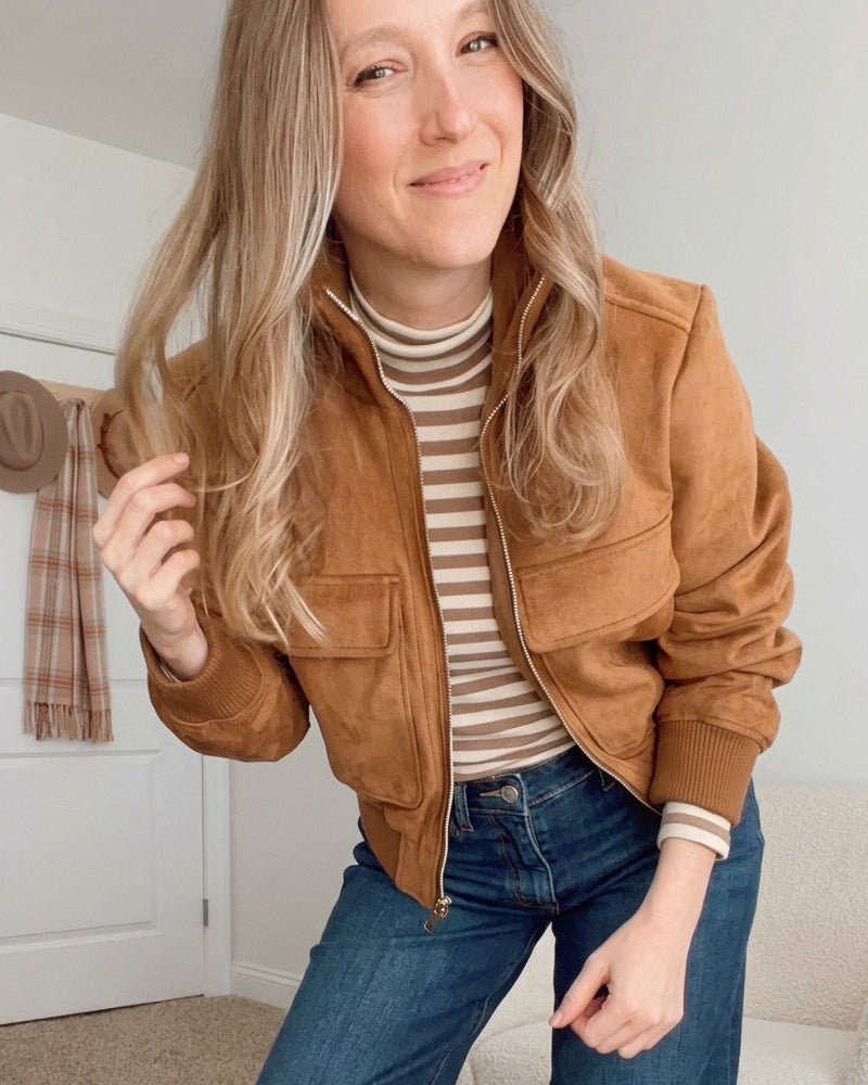 OLANE Zip-Up Cropped Bomber Jacket Light BrownXSWomen's Coats & Jackets