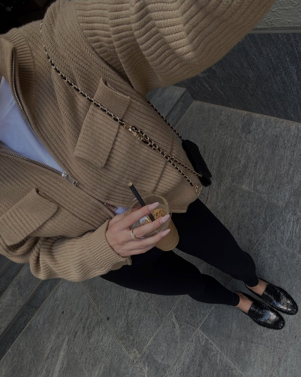 OLANE Zip-Up High Neck Ribbed Knit Cardigan BrownSCardigan