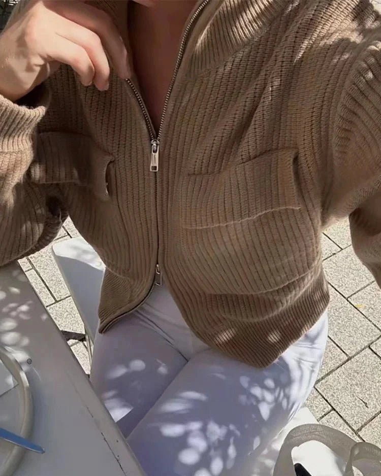 OLANE Zip-Up High Neck Ribbed Knit Cardigan BrownSCardigan