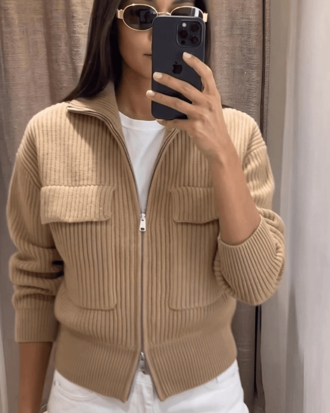 OLANE Zip-Up High Neck Ribbed Knit Cardigan BrownSCardigan