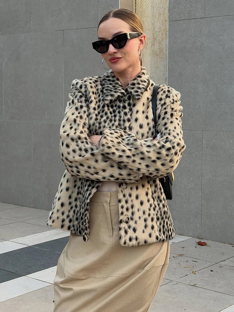 Manteau en fausse fourrure à motif léopard et revers