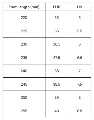 Tableau de mesures propre aux ballerines Adelisa. Consultez les unités indiquées dans les en-têtes.