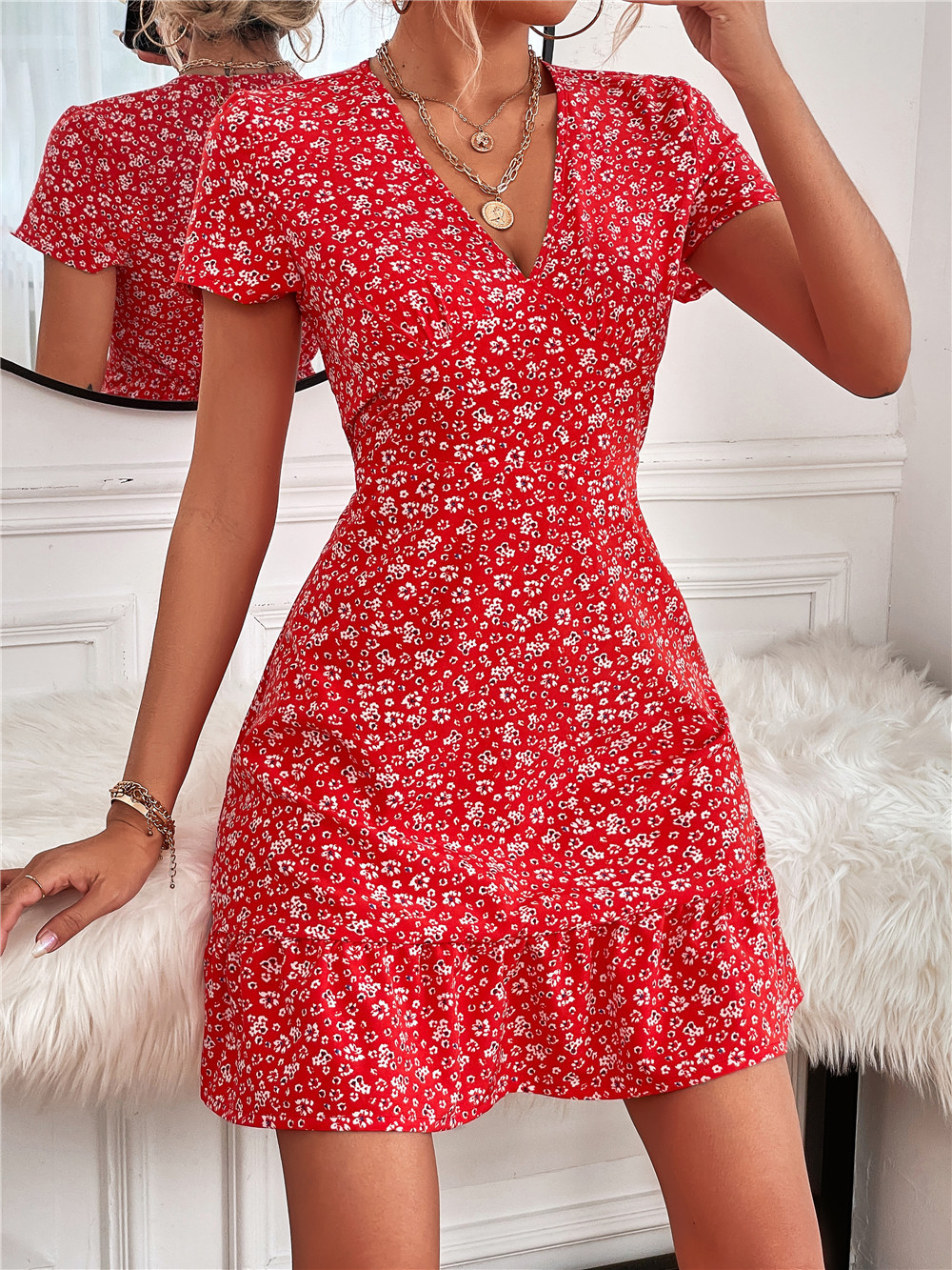 Floral Puff Sleeves Mini Dress