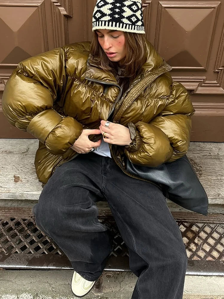 Olivia Shiny Oversized Puffer Jacket Women - Burgundy Trendy Winter Coat for Cold Days 0