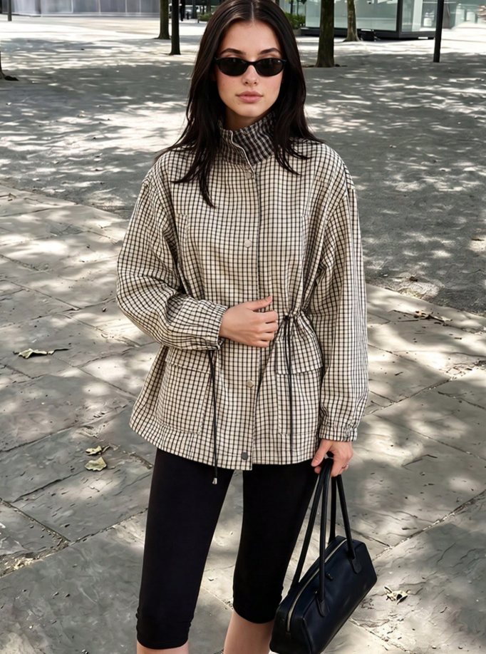 Classic High-Neck Plaid Jacket
