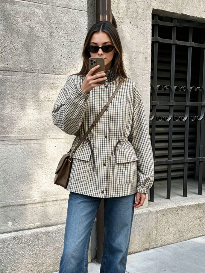 Classic High-Neck Plaid Jacket