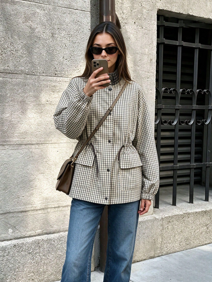 Classic High-Neck Plaid Jacket