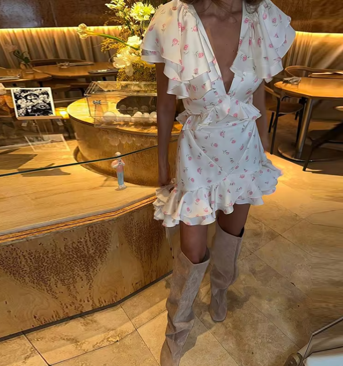 Floral Puff Sleeves Mini Dress